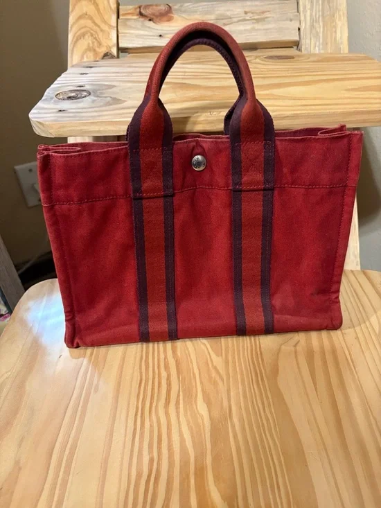 Hermes Fourre Tout PM Red Canvas Tote with Dark Stripe Handles EUC Vintage - Picture 1 of 13